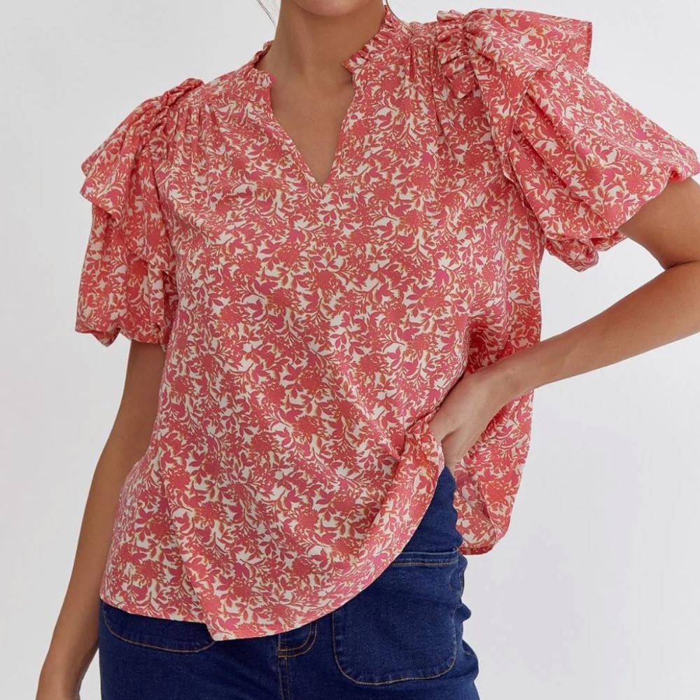 Entro Pink Floral V-Neck Short-Sleeve Blouse, Size Large